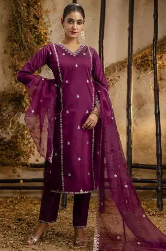 Women's embroidered silk blend kurta pant sets with dupatta