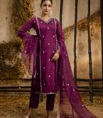 Women's embroidered silk blend kurta pant sets with dupatta