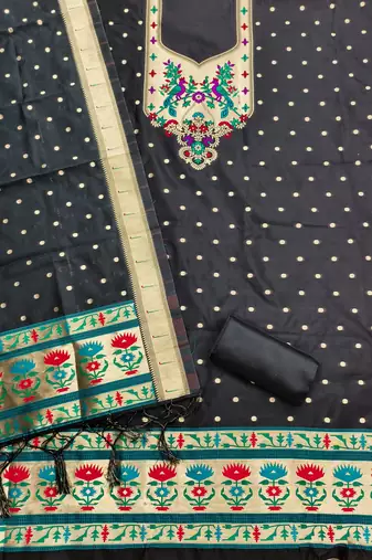 Black soft silk blend silk pure zari woven dress material