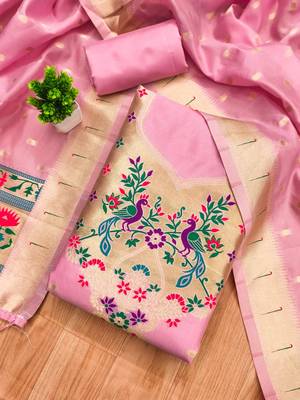 Baby pink soft silk blend silk pure zari woven dress material 1