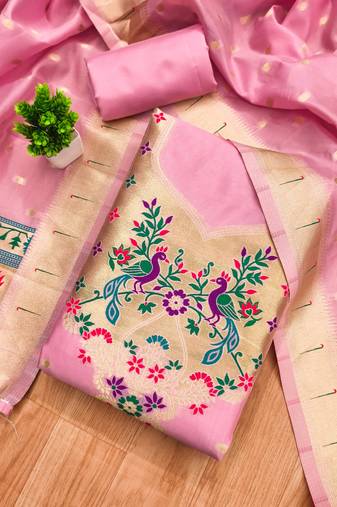 Baby pink soft banarasi silk pure zari woven design dress material