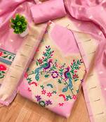 Baby pink soft banarasi silk pure zari woven design dress material