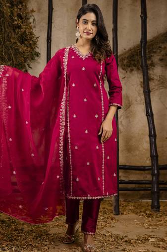 Women's embroidered silk blend kurta pant sets with dupatta