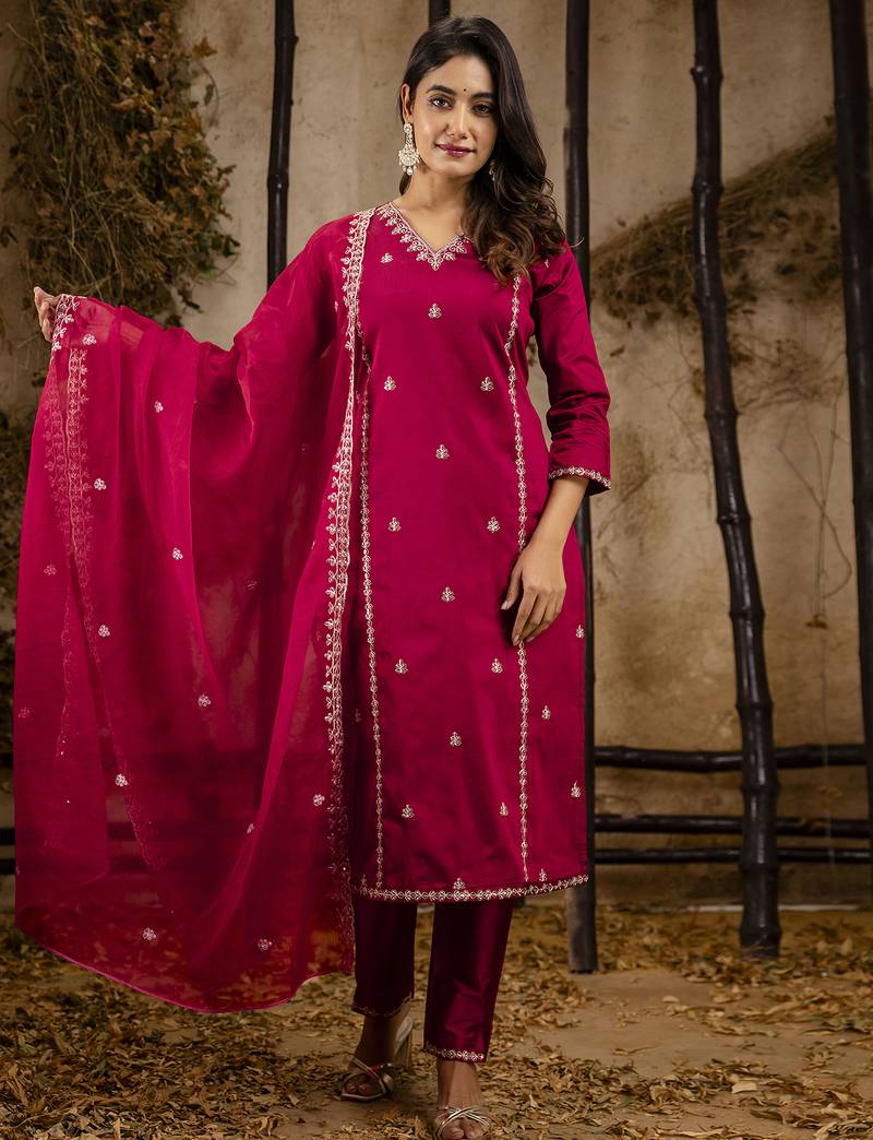Women's embroidered silk blend kurta pant sets with dupatta
