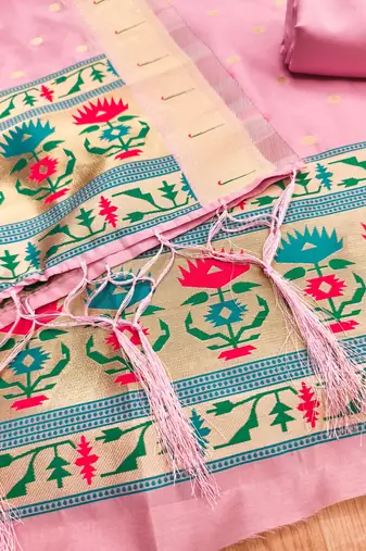 Baby pink soft silk blend silk pure zari woven dress material