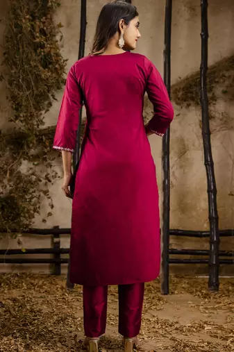 Women's embroidered silk blend kurta pant sets with dupatta