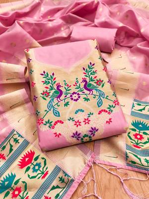 Baby pink soft silk blend silk pure zari woven dress material 3
