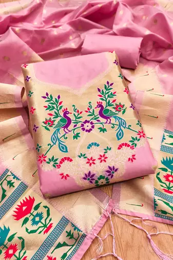Baby pink soft silk blend silk pure zari woven dress material
