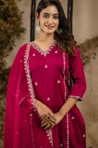 Women's embroidered silk blend kurta pant sets with dupatta