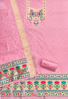 Baby pink soft silk blend silk pure zari woven dress material 4