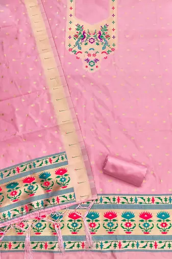 Baby pink soft silk blend silk pure zari woven dress material