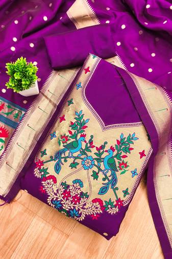 Purple soft banarasi silk pure zari woven design dress material