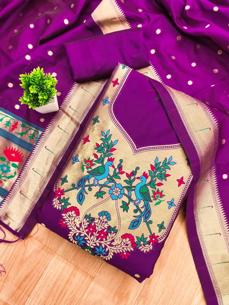Purple soft banarasi silk pure zari woven design dress material