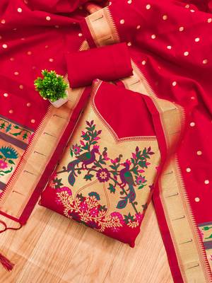 Red soft silk blend silk pure zari woven dress material 1