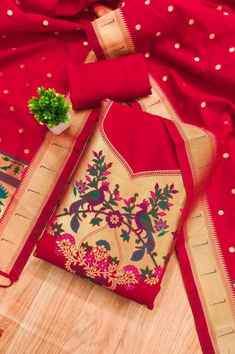 Red soft banarasi silk pure zari woven design dress material