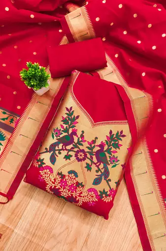 Red soft banarasi silk pure zari woven design dress material