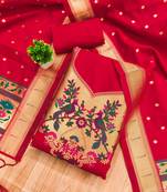 Red soft banarasi silk pure zari woven design dress material