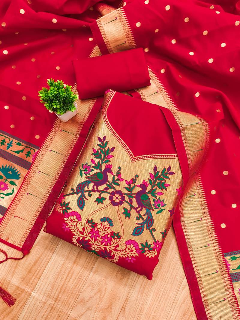 Red soft banarasi silk pure zari woven design dress material