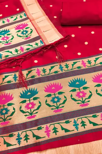 Red soft silk blend silk pure zari woven dress material