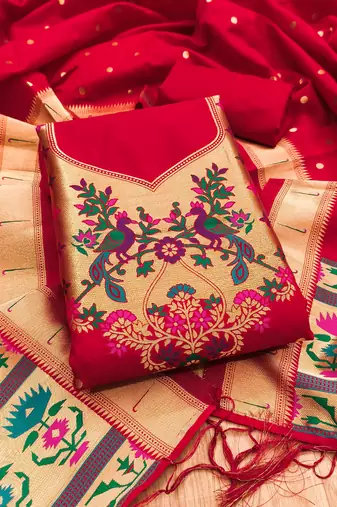 Red soft silk blend silk pure zari woven dress material