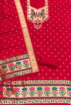 Red soft silk blend silk pure zari woven dress material 4