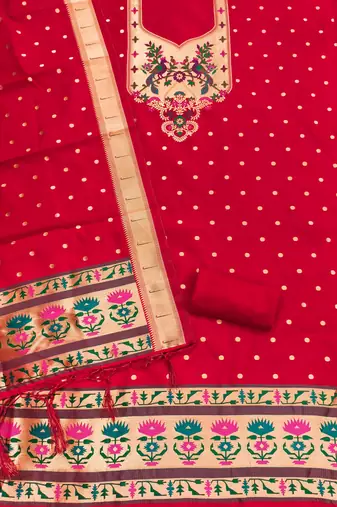 Red soft silk blend silk pure zari woven dress material