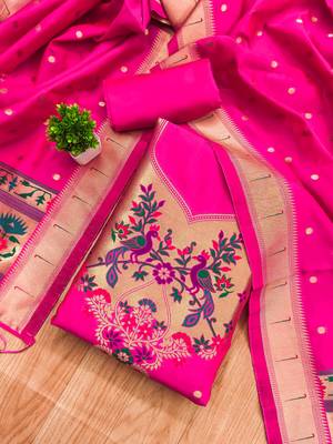 Pink soft silk blend silk pure zari woven dress material 1