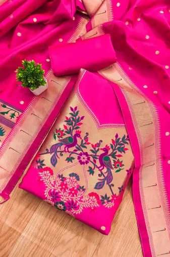 Pink soft banarasi silk pure zari woven design dress material