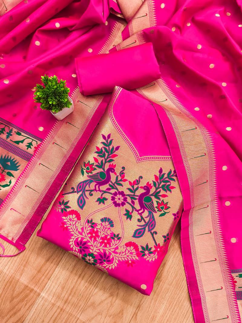 Pink soft banarasi silk pure zari woven design dress material
