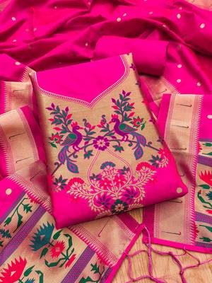 Pink soft silk blend silk pure zari woven dress material 3
