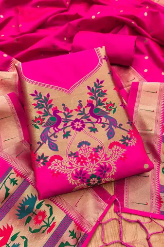 Pink soft silk blend silk pure zari woven dress material