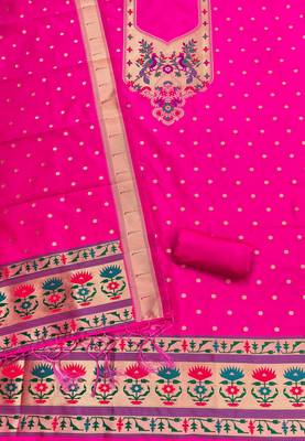 Pink soft silk blend silk pure zari woven dress material 4