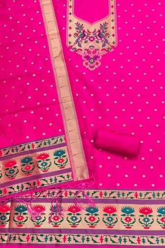 Pink soft silk blend silk pure zari woven dress material