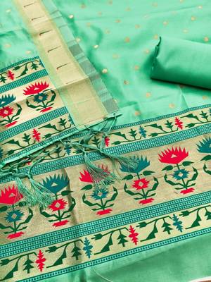 Sea green soft silk blend silk pure zari woven dress material 2