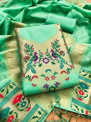 Sea green soft silk blend silk pure zari woven dress material 3