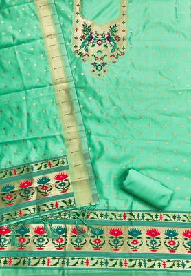 Sea green soft silk blend silk pure zari woven dress material 4