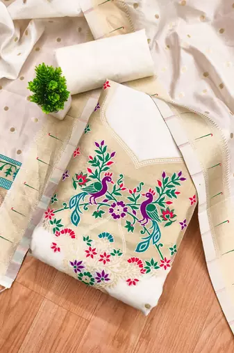 White soft banarasi silk pure zari woven design dress material