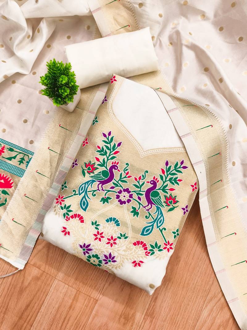 White soft banarasi silk pure zari woven design dress material