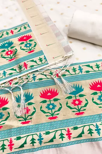 White soft silk blend silk pure zari woven dress material