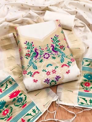 White soft silk blend silk pure zari woven dress material 3