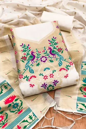 White soft silk blend silk pure zari woven dress material