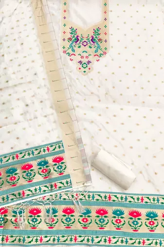 White soft silk blend silk pure zari woven dress material