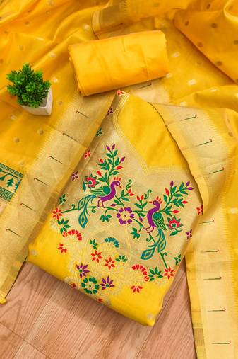 Yellow soft banarasi silk pure zari woven design dress material