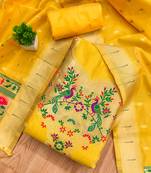 Yellow soft banarasi silk pure zari woven design dress material