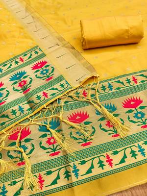 Yellow soft silk blend silk pure zari woven dress material 2
