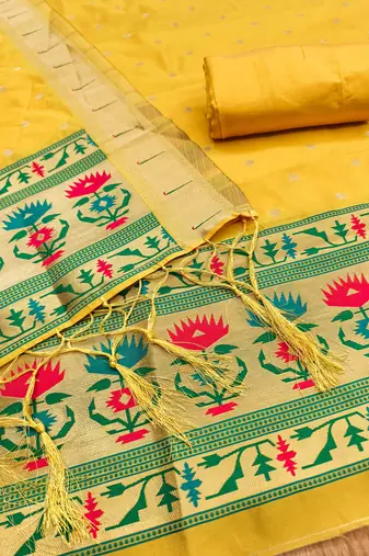 Yellow soft silk blend silk pure zari woven dress material