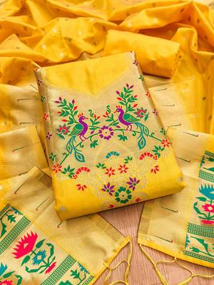 Yellow soft silk blend silk pure zari woven dress material 3