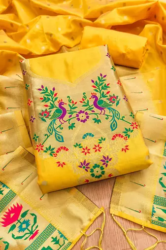 Yellow soft silk blend silk pure zari woven dress material