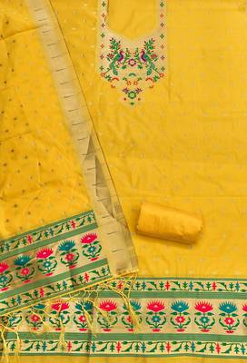Yellow soft silk blend silk pure zari woven dress material 4
