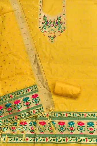 Yellow soft silk blend silk pure zari woven dress material